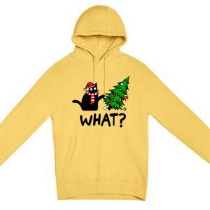 Funny Black Cat Gift Pushing Christmas Tree Over Cat What? Gift Premium Pullover Hoodie