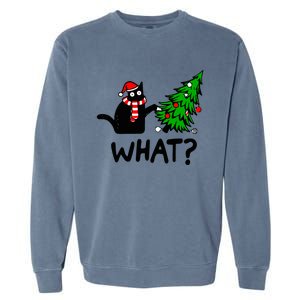 Funny Black Cat Gift Pushing Christmas Tree Over Cat What? Gift Garment-Dyed Sweatshirt