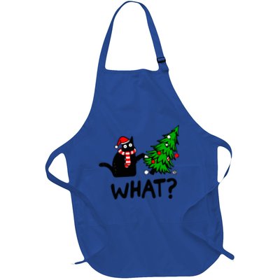 Funny Black Cat Gift Pushing Christmas Tree Over Cat What? Gift Full-Length Apron With Pockets