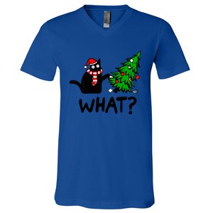 Funny Black Cat Gift Pushing Christmas Tree Over Cat What? Gift V-Neck T-Shirt