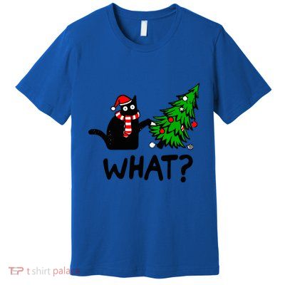 Funny Black Cat Gift Pushing Christmas Tree Over Cat What? Gift Premium T-Shirt