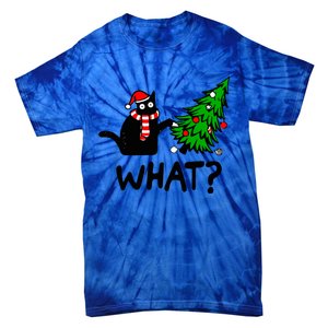 Funny Black Cat Gift Pushing Christmas Tree Over Cat What? Gift Tie-Dye T-Shirt