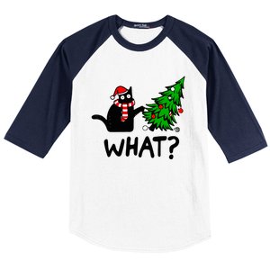 Funny Black Cat Gift Pushing Christmas Tree Over Cat What? Gift Baseball Sleeve Shirt