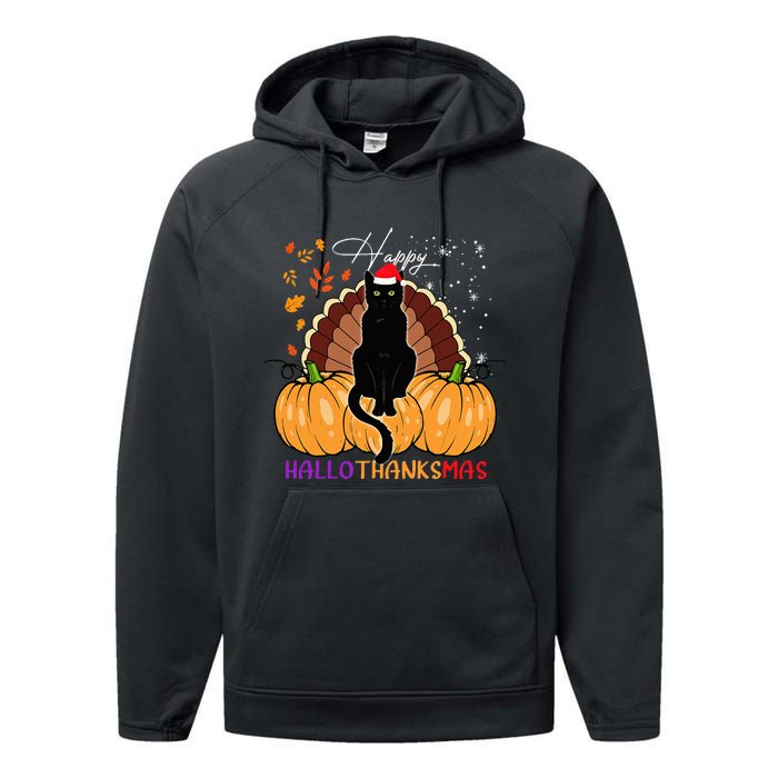 Festive Black Cat Santa Hat for Pumpkin Season Performance Fleece Hoodie