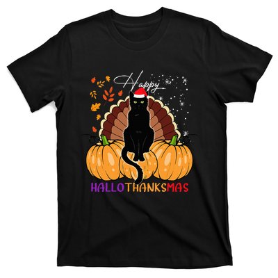 Festive Black Cat Santa Hat for Pumpkin Season T-Shirt