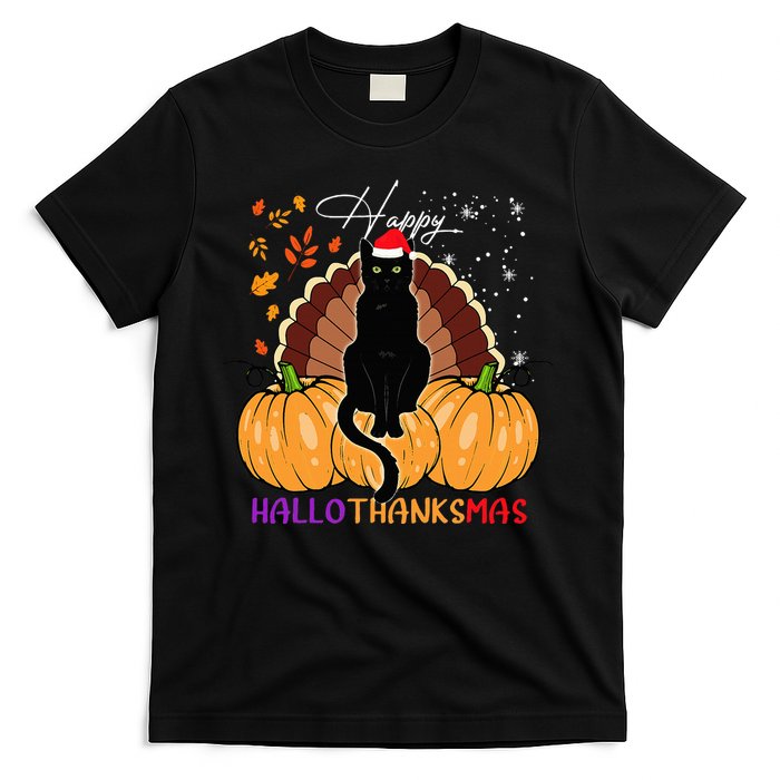 Festive Black Cat Santa Hat for Pumpkin Season T-Shirt