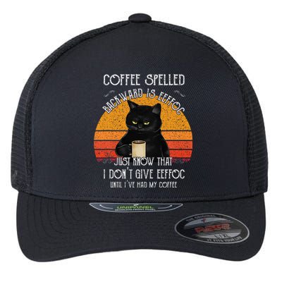 Funny Black Cat Coffee Spelled Backwards Is Eeffoc Flexfit Unipanel Trucker Cap