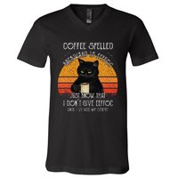 Funny Black Cat Coffee Spelled Backwards Is Eeffoc V-Neck T-Shirt