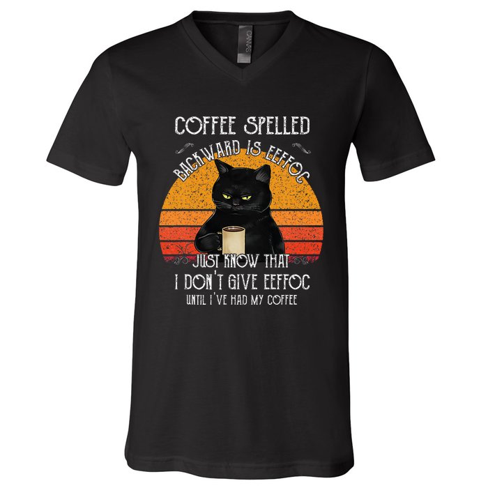 Funny Black Cat Coffee Spelled Backwards Is Eeffoc V-Neck T-Shirt