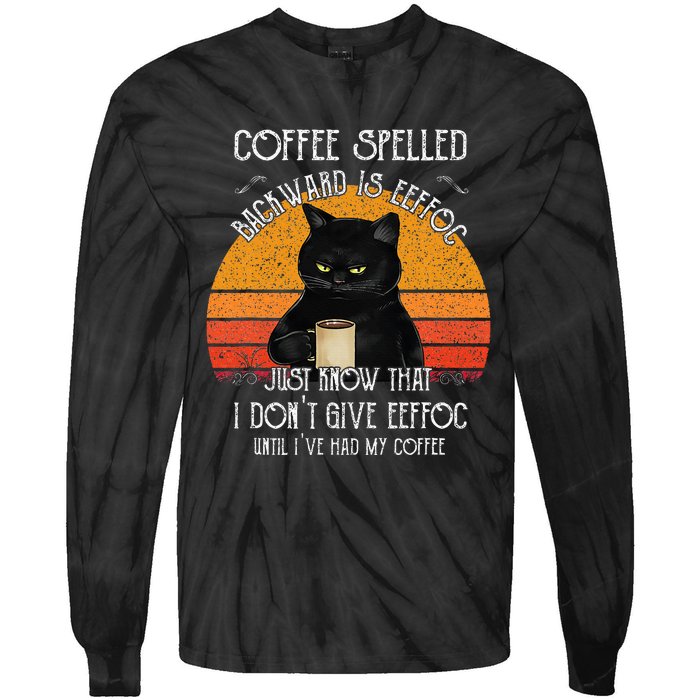 Funny Black Cat Coffee Spelled Backwards Is Eeffoc Tie-Dye Long Sleeve Shirt