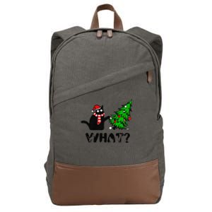 Funny Black Cat Pushing Christmas Tree Over Cat What Cotton Canvas Backpack