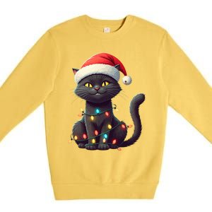 Funny Black Cat Santa Christmas Lights Cat Lover Kitty Xmas Meaningful Gift Premium Crewneck Sweatshirt