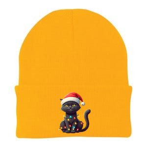 Funny Black Cat Santa Christmas Lights Cat Lover Kitty Xmas Meaningful Gift Knit Cap Winter Beanie