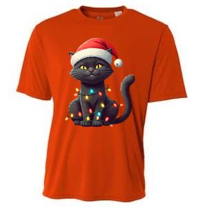 Funny Black Cat Santa Christmas Lights Cat Lover Kitty Xmas Meaningful Gift Cooling Performance Crew T-Shirt