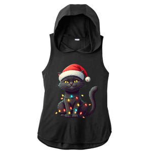 Funny Black Cat Santa Christmas Lights Cat Lover Kitty Xmas Meaningful Gift Ladies PosiCharge Tri-Blend Wicking Draft Hoodie Tank