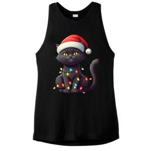 Funny Black Cat Santa Christmas Lights Cat Lover Kitty Xmas Meaningful Gift Ladies PosiCharge Tri-Blend Wicking Tank