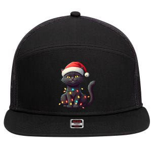 Funny Black Cat Santa Christmas Lights Cat Lover Kitty Xmas Meaningful Gift 7 Panel Mesh Trucker Snapback Hat