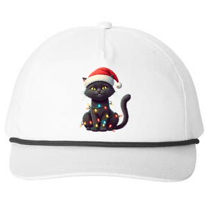 Funny Black Cat Santa Christmas Lights Cat Lover Kitty Xmas Meaningful Gift Snapback Five-Panel Rope Hat