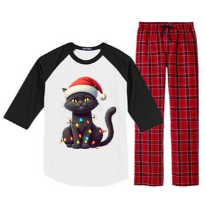 Funny Black Cat Santa Christmas Lights Cat Lover Kitty Xmas Meaningful Gift Raglan Sleeve Pajama Set