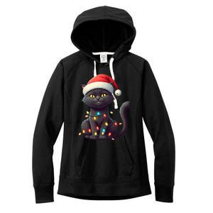 Funny Black Cat Santa Christmas Lights Cat Lover Kitty Xmas Meaningful Gift Women's Fleece Hoodie