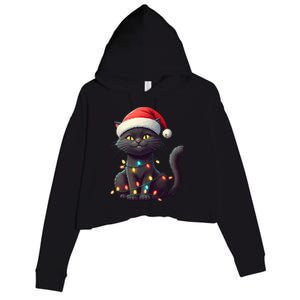 Funny Black Cat Santa Christmas Lights Cat Lover Kitty Xmas Meaningful Gift Crop Fleece Hoodie