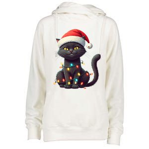 Funny Black Cat Santa Christmas Lights Cat Lover Kitty Xmas Meaningful Gift Womens Funnel Neck Pullover Hood