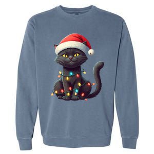 Funny Black Cat Santa Christmas Lights Cat Lover Kitty Xmas Meaningful Gift Garment-Dyed Sweatshirt