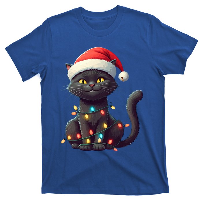 Funny Black Cat Santa Christmas Lights Cat Lover Kitty Xmas Meaningful Gift T-Shirt