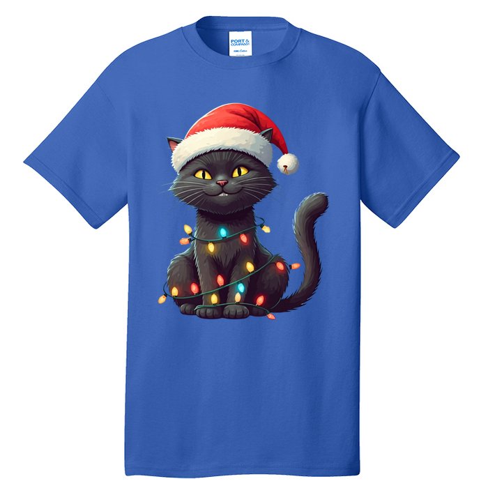 Funny Black Cat Santa Christmas Lights Cat Lover Kitty Xmas Meaningful Gift Tall T-Shirt