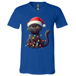 Funny Black Cat Santa Christmas Lights Cat Lover Kitty Xmas Meaningful Gift V-Neck T-Shirt