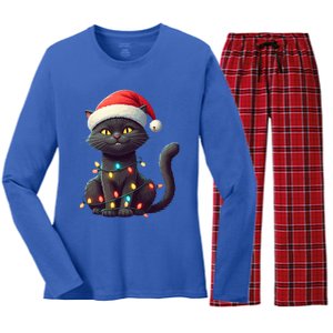 Funny Black Cat Santa Christmas Lights Cat Lover Kitty Xmas Meaningful Gift Women's Long Sleeve Flannel Pajama Set 