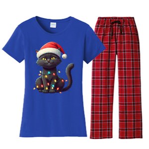 Funny Black Cat Santa Christmas Lights Cat Lover Kitty Xmas Meaningful Gift Women's Flannel Pajama Set