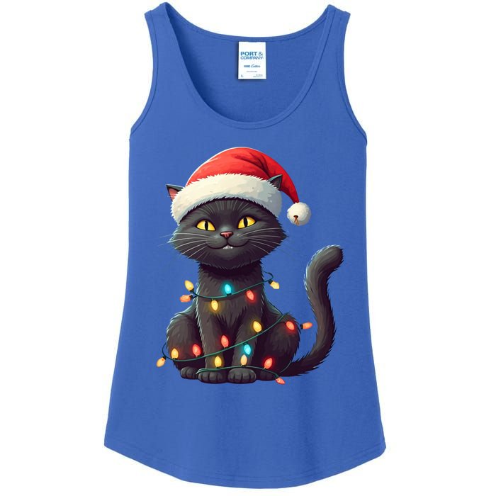 Funny Black Cat Santa Christmas Lights Cat Lover Kitty Xmas Meaningful Gift Ladies Essential Tank