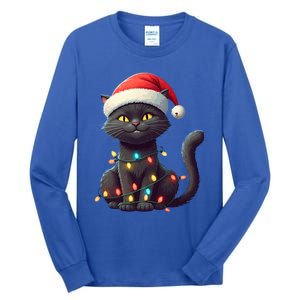 Funny Black Cat Santa Christmas Lights Cat Lover Kitty Xmas Meaningful Gift Tall Long Sleeve T-Shirt