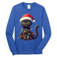 Funny Black Cat Santa Christmas Lights Cat Lover Kitty Xmas Meaningful Gift Tall Long Sleeve T-Shirt