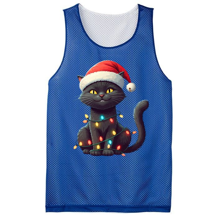 Funny Black Cat Santa Christmas Lights Cat Lover Kitty Xmas Meaningful Gift Mesh Reversible Basketball Jersey Tank