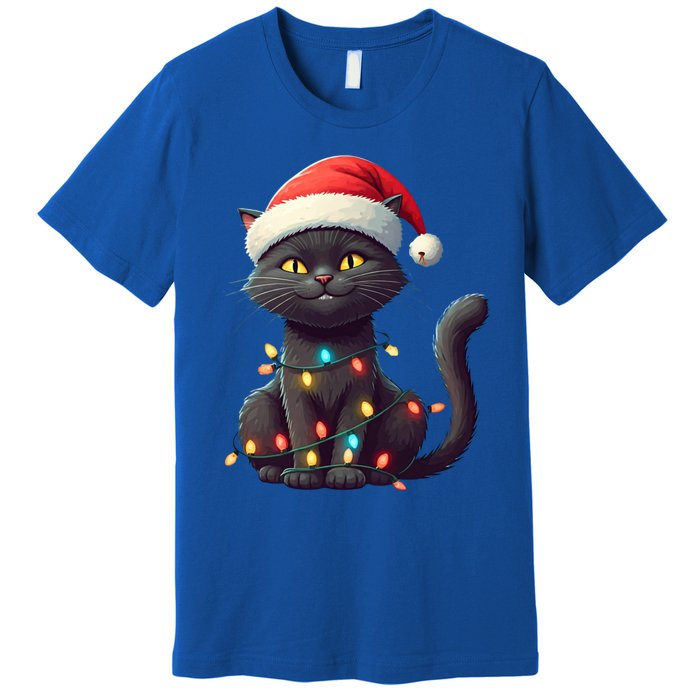 Funny Black Cat Santa Christmas Lights Cat Lover Kitty Xmas Meaningful Gift Premium T-Shirt