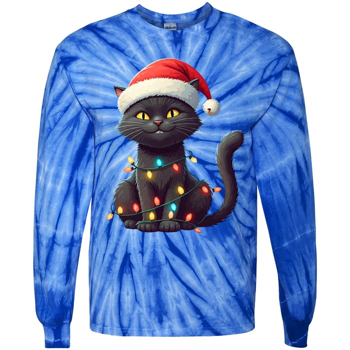 Funny Black Cat Santa Christmas Lights Cat Lover Kitty Xmas Meaningful Gift Tie-Dye Long Sleeve Shirt