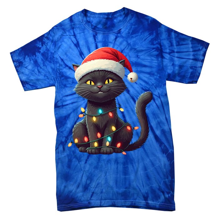 Funny Black Cat Santa Christmas Lights Cat Lover Kitty Xmas Meaningful Gift Tie-Dye T-Shirt