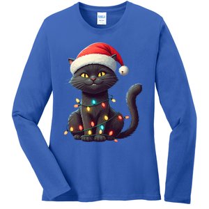 Funny Black Cat Santa Christmas Lights Cat Lover Kitty Xmas Meaningful Gift Ladies Long Sleeve Shirt