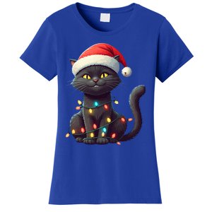 Funny Black Cat Santa Christmas Lights Cat Lover Kitty Xmas Meaningful Gift Women's T-Shirt