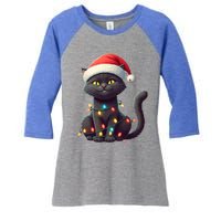 Funny Black Cat Santa Christmas Lights Cat Lover Kitty Xmas Meaningful Gift Women's Tri-Blend 3/4-Sleeve Raglan Shirt