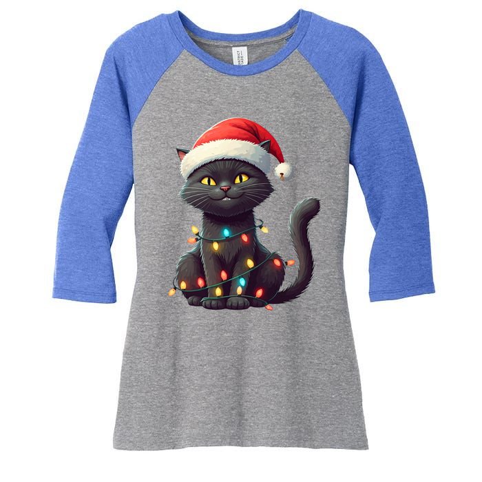 Funny Black Cat Santa Christmas Lights Cat Lover Kitty Xmas Meaningful Gift Women's Tri-Blend 3/4-Sleeve Raglan Shirt