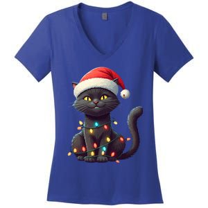 Funny Black Cat Santa Christmas Lights Cat Lover Kitty Xmas Meaningful Gift Women's V-Neck T-Shirt