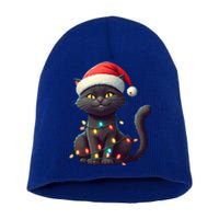 Funny Black Cat Santa Christmas Lights Cat Lover Kitty Xmas Meaningful Gift Short Acrylic Beanie