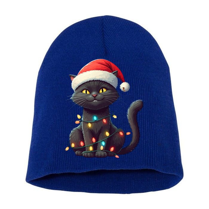 Funny Black Cat Santa Christmas Lights Cat Lover Kitty Xmas Meaningful Gift Short Acrylic Beanie