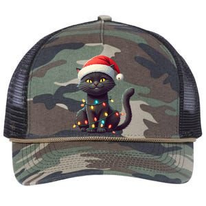 Funny Black Cat Santa Christmas Lights Cat Lover Kitty Xmas Meaningful Gift Retro Rope Trucker Hat Cap