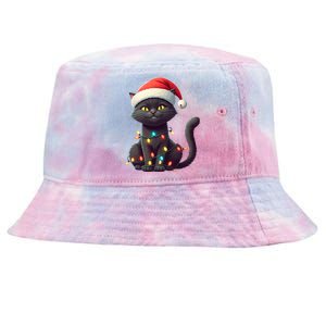 Funny Black Cat Santa Christmas Lights Cat Lover Kitty Xmas Meaningful Gift Tie-Dyed Bucket Hat