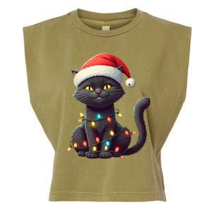 Funny Black Cat Santa Christmas Lights Cat Lover Kitty Xmas Meaningful Gift Garment-Dyed Women's Muscle Tee