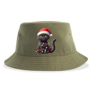 Funny Black Cat Santa Christmas Lights Cat Lover Kitty Xmas Meaningful Gift Sustainable Bucket Hat